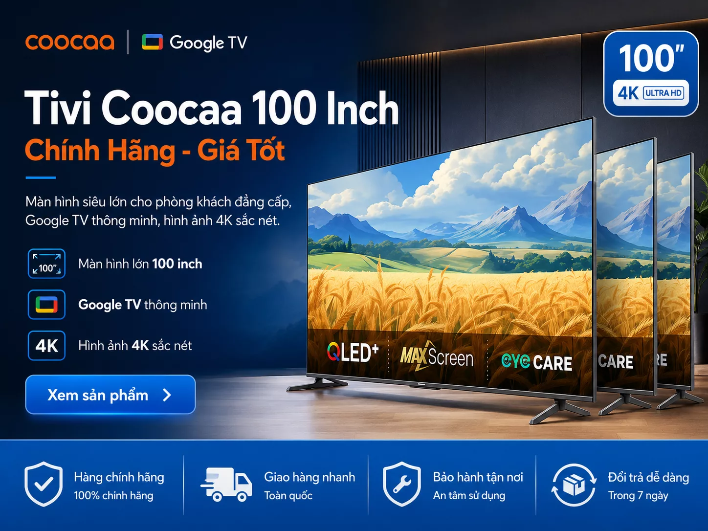 Tivi Coocaa 100 inch ch&iacute;nh h&atilde;ng cho ph&ograve;ng kh&aacute;ch si&ecirc;u rộng