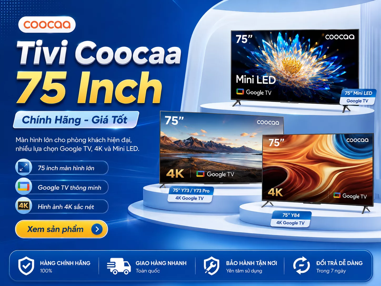Tivi Coocaa 75 inch chính hãng cho phòng khách rộng