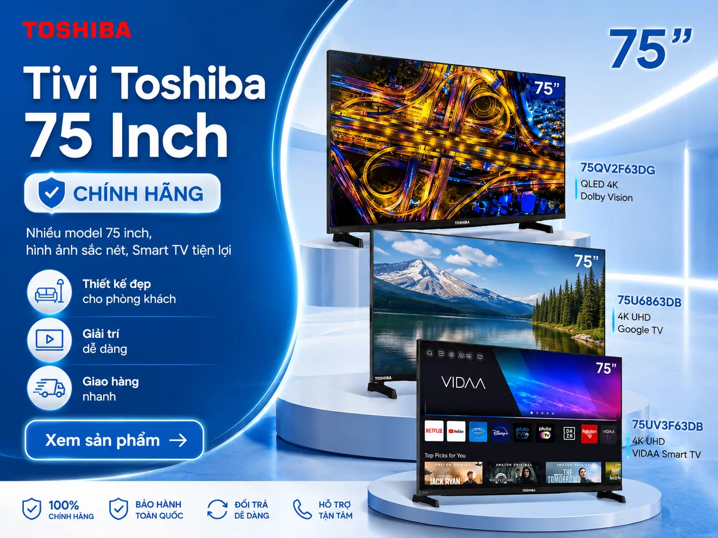 Tivi Toshiba 75 inch chính hãng cho phòng khách rộng