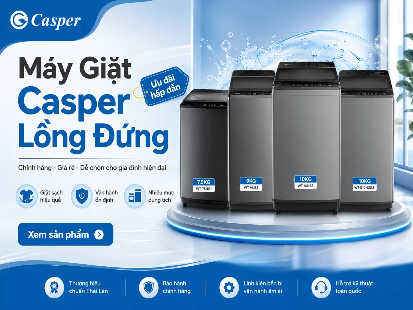 Máy Giặt Casper lồng đứng chính hãng giá tốt nhiều khối lượng giặt