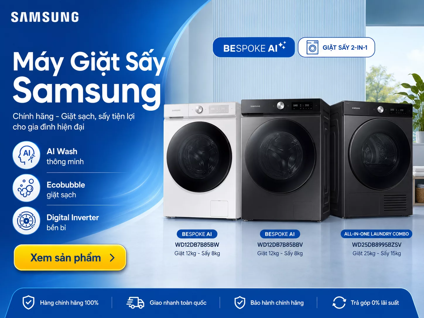 M&aacute;y giặt sấy Samsung ch&iacute;nh h&atilde;ng gi&aacute; tốt nhiều khối lượng giặt sấy