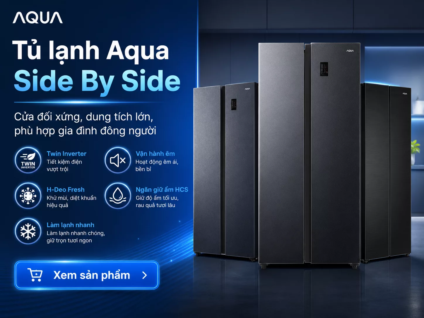 Tủ lạnh Aqua Side By Side chính hãng cho bếp rộng hiện đại