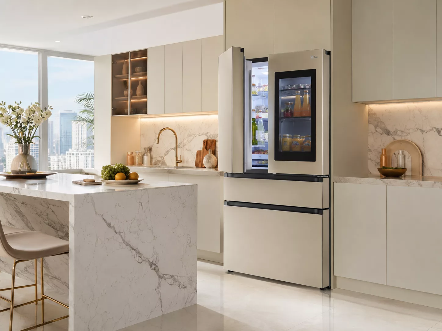 Tủ lạnh LG InstaView lấy nước ngo&agrave;i l&agrave;m đ&aacute; tự động LG ThinQ