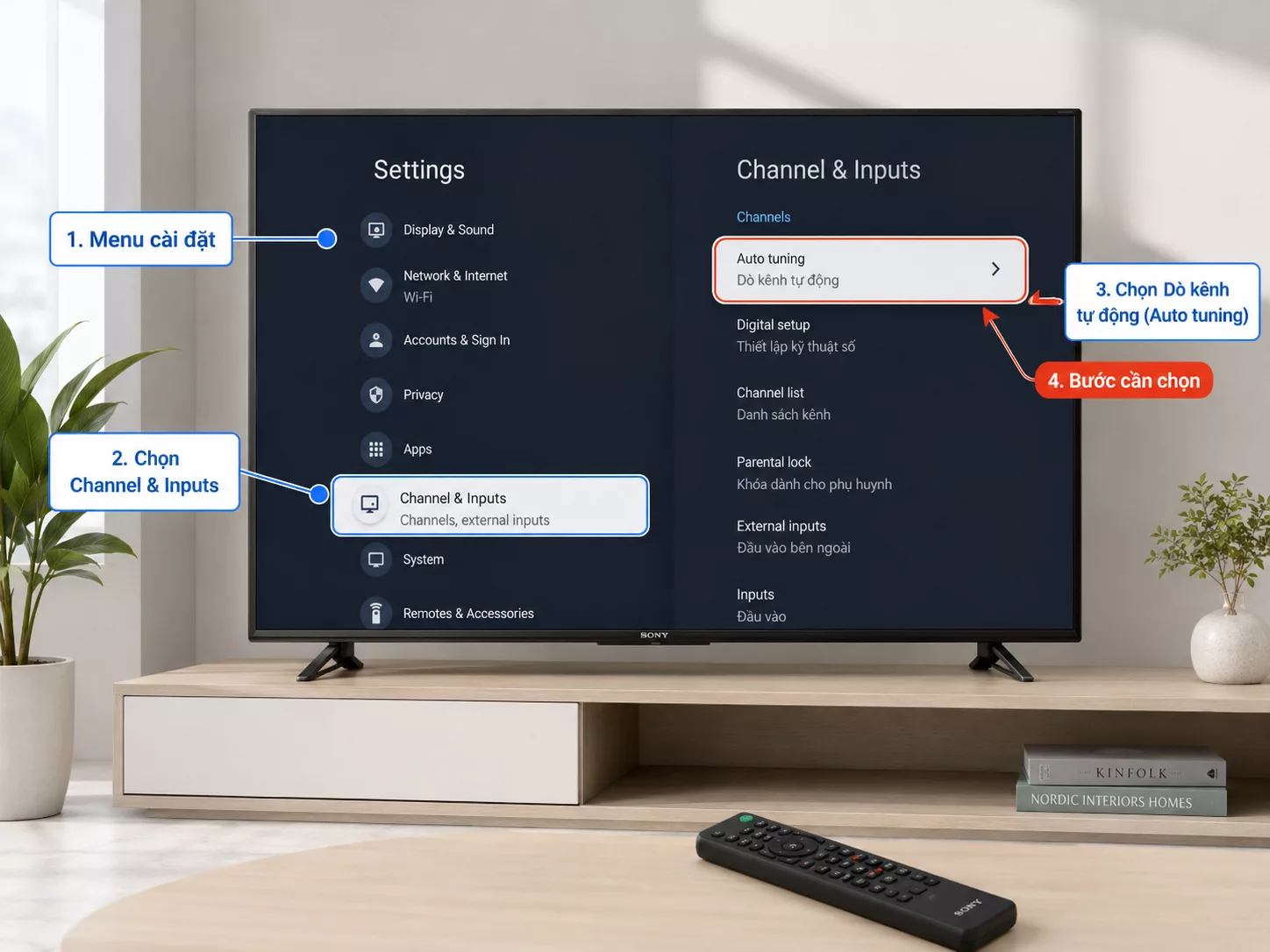 Menu Channel & Inputs trên Sony Google TV Menu Channel & Inputs trên Tivi Sony Google TV để dò kênh