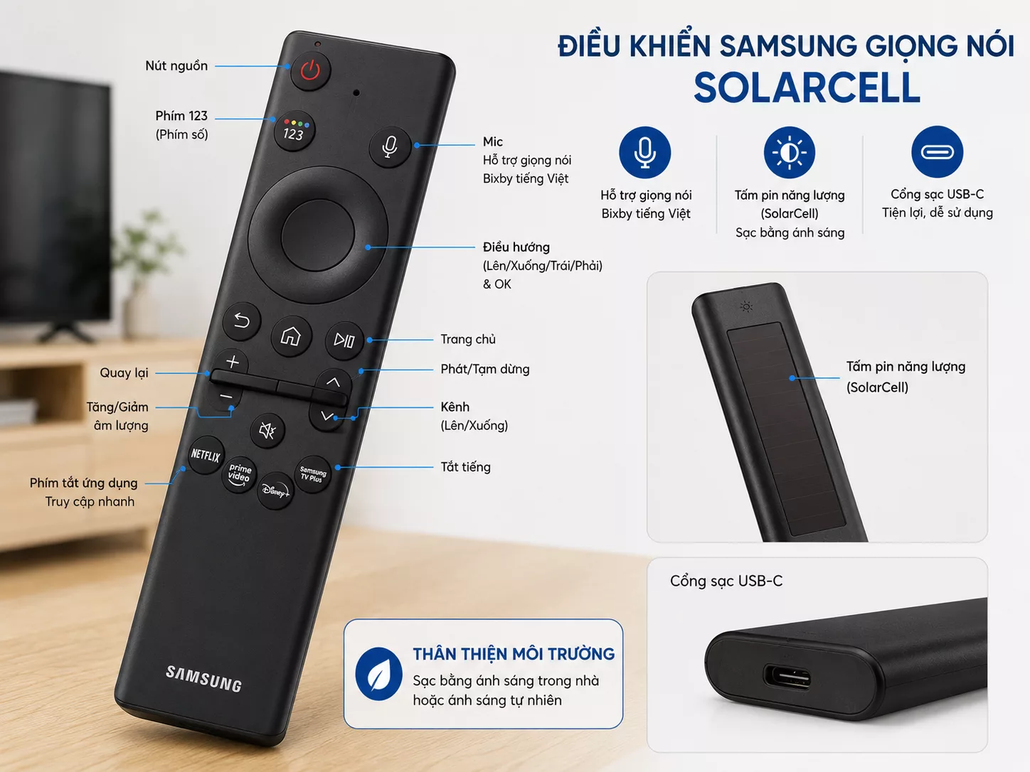Điều khiển Samsung giọng nói SolarCell Remote Tivi Samsung có giọng nói và SolarCell Remote