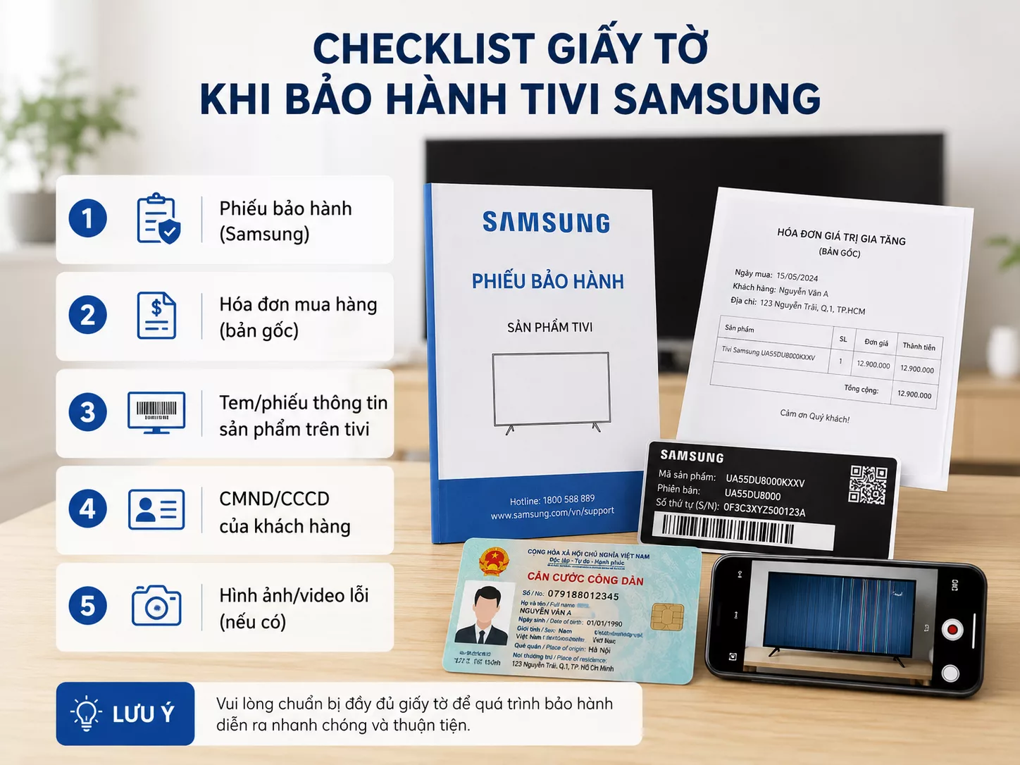 Checklist giấy tờ khi bảo h&agrave;nh Tivi Samsung