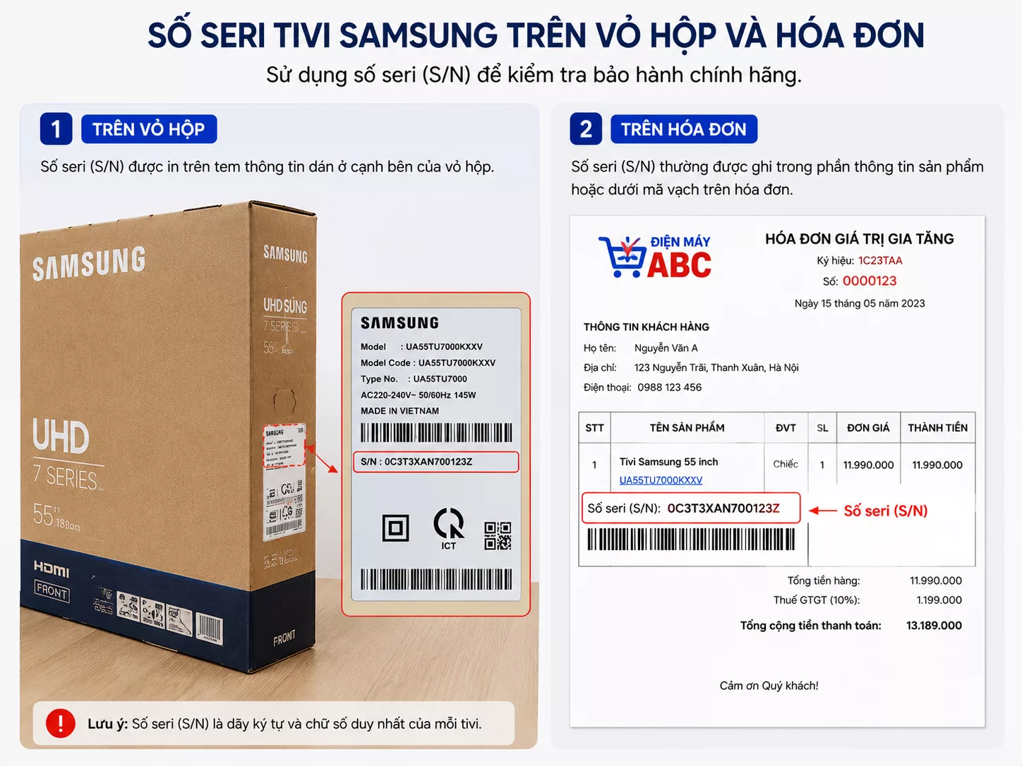 Kiểm tra số seri Tivi Samsung tr&ecirc;n vỏ hộp v&agrave; h&oacute;a đơn