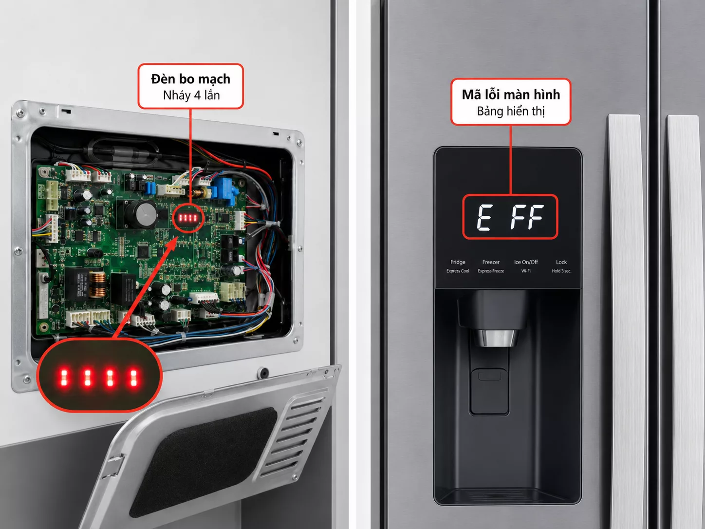 Đ&egrave;n bo mạch tủ lạnh LG nh&aacute;y 4 lần cần ph&acirc;n biệt với m&atilde; lỗi m&agrave;n h&igrave;nh