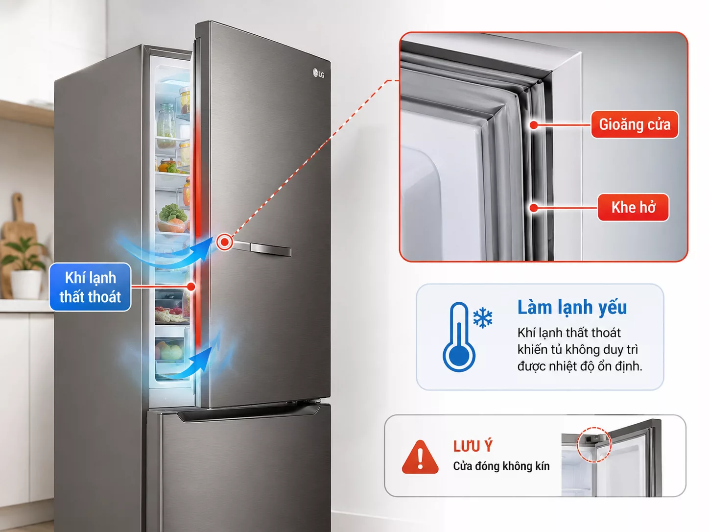 Gioăng cửa tủ lạnh LG hở l&agrave;m lạnh yếu
