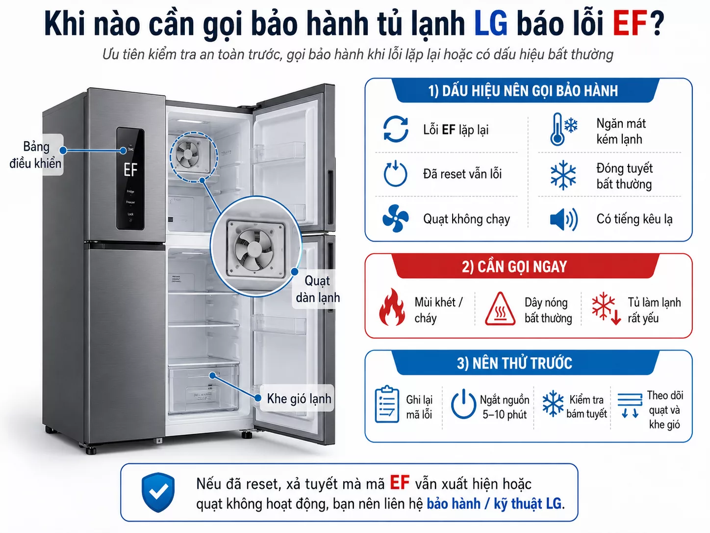 Bảo hành tủ lạnh LG báo lỗi EF Khi nào cần gọi bảo hành tủ lạnh LG báo lỗi EF