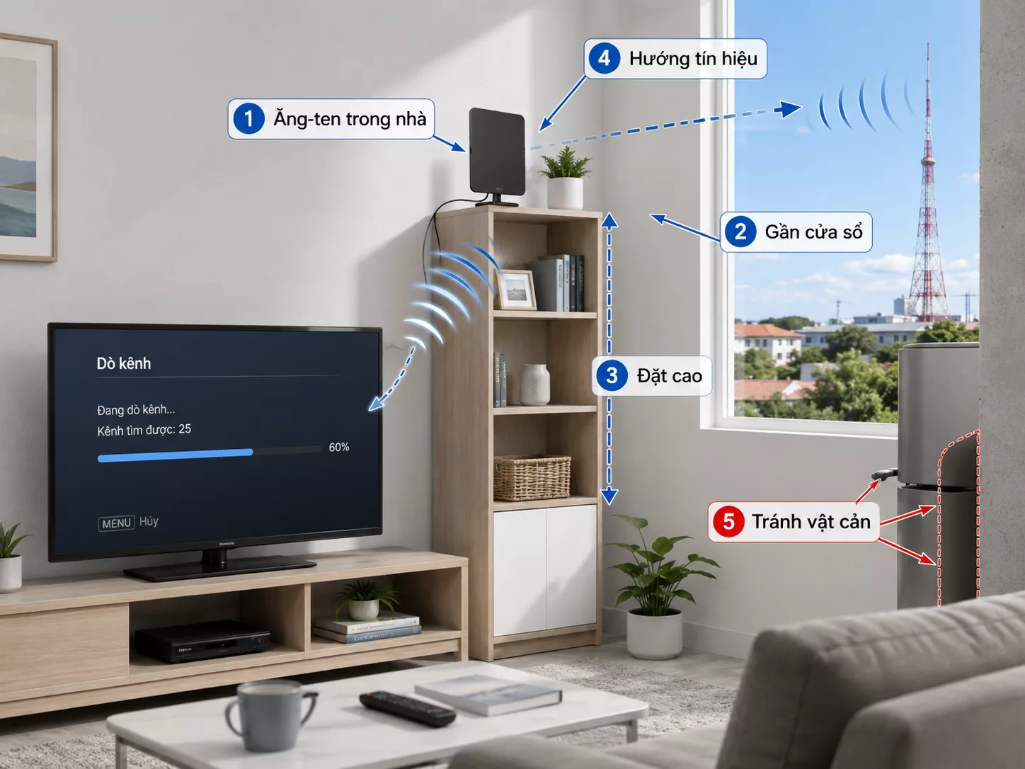 Đặt ăng-ten trong nhà để bắt kênh tốt hơn Cách đặt ăng-ten trong nhà để dò kênh tivi Sony ổn định