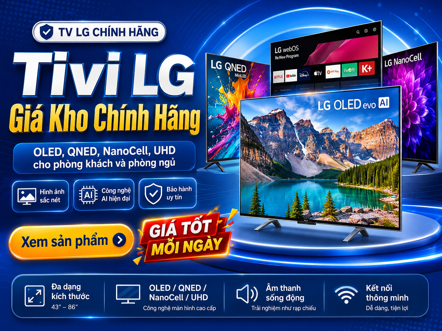 Tivi LG ch&iacute;nh h&atilde;ng OLED QNED NanoCell UHD gi&aacute; tốt