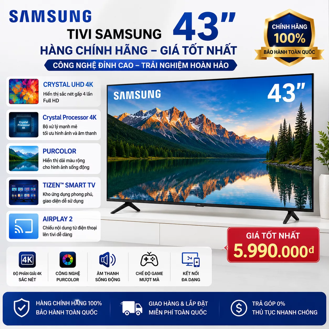 Tivi Samsung 43 inch ch&iacute;nh h&atilde;ng cho ph&ograve;ng ngủ